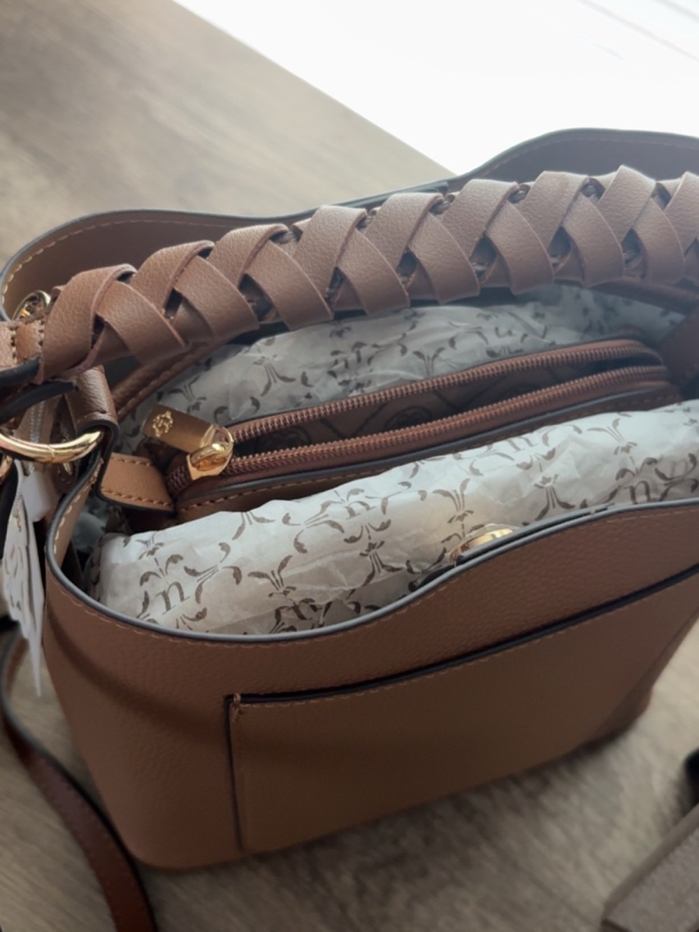 Nanette Lepore Brown Braided-Handle Drawstring Bucket Bag - Picture 4 of 5